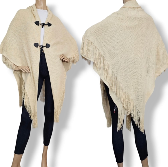 Cream Knit Fringe Hem Horn Buckle Cape Shawl Poncho by Bong Bong - Picture 7 of 7
